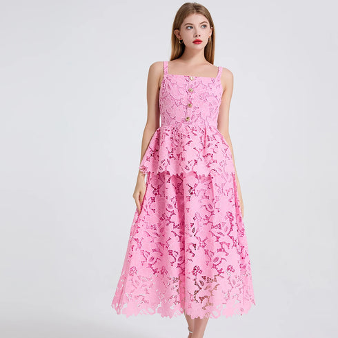 Embroidery Lace Long Cake Dress for Women Evening and Birthday Parties