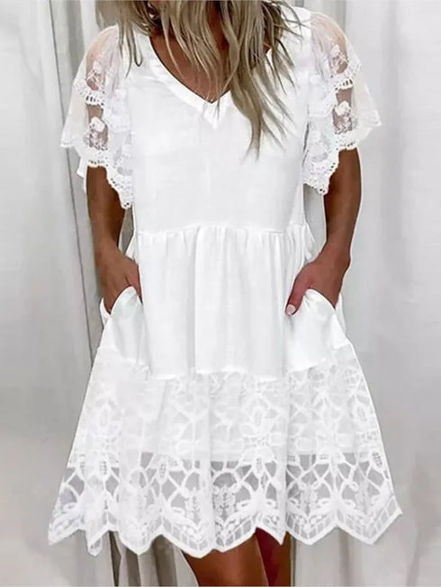 Lace Patchwork A-Line Dress for Women Casual V-Neck Short Sleeved Beach Fashion