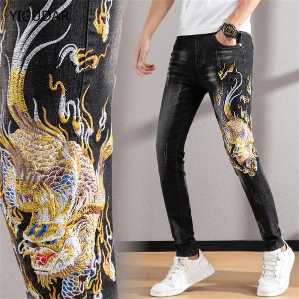 Men's Chinese Dragon Embroidery Jeans Pencil Pants Denim Trousers