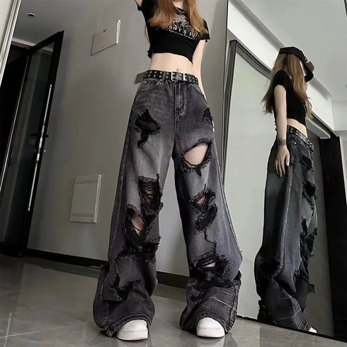 Vintage Wide Leg Ripped Denim Jeans for Women - Y2K Style Loose Fit Straight Pants Perfect for Fall Outfits and Streetwear Inspiration
