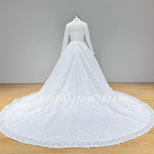 Hire Lnyer High Neck Zipper Back Lace Ball Gown Wedding Dresses