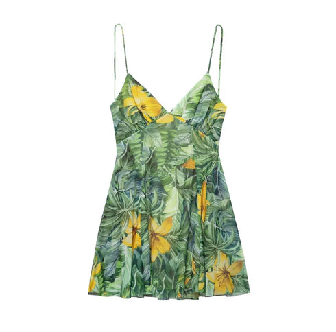 TRAF Women's Vacation Style Printed Silk Mesh V Neck Halter Mini Dress