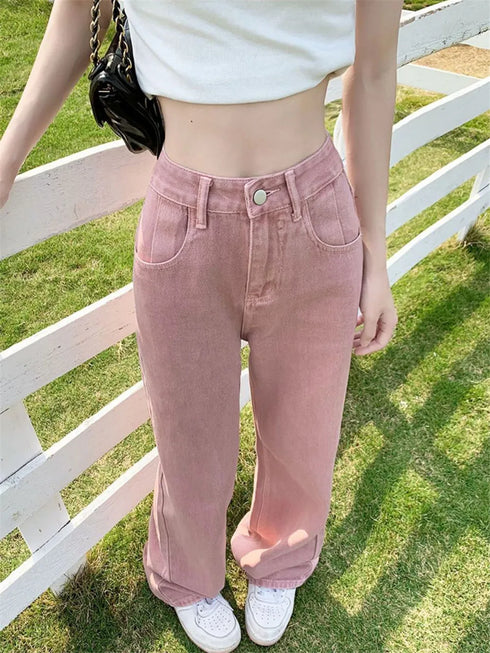Y2k Pink High Waist Causal Wide Leg Jeans Women Straight Denim Pant