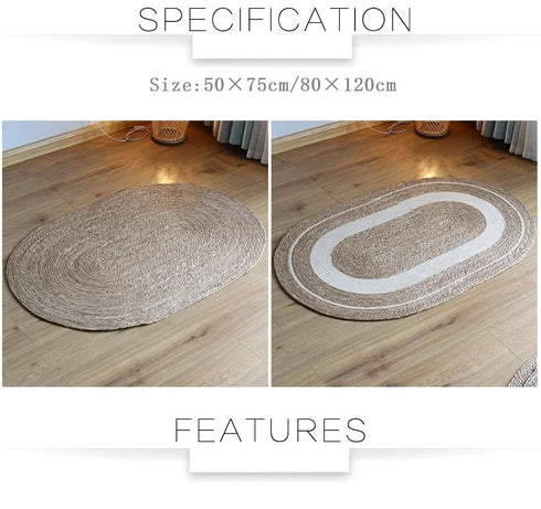 Woven Rattan Round Carpet Natural Straw Rug for Living Room Bedroom Floor Mat