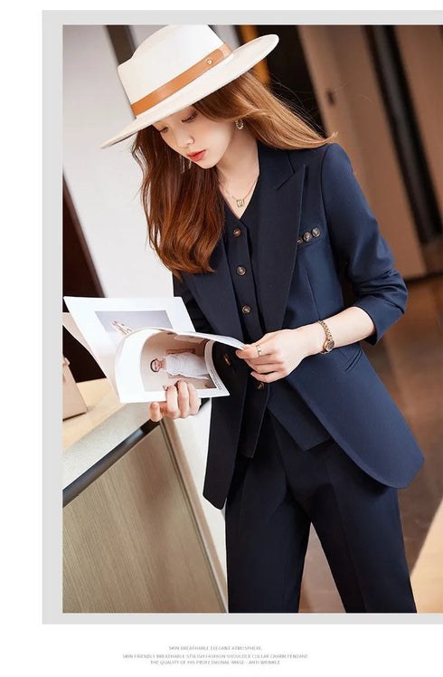 Chic Korean Fashion Women's 3-Piece Blazer Suit Set with Long Sleeve Vintage Jacket and Vest + Slim Straight Pencil Pants for Elegant Business Outfits