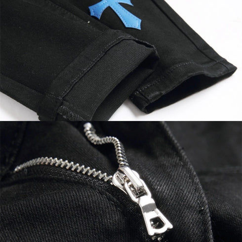 Men's Luxury Diamond Cross Jeans with Embroidered Leather Splice and Reflective Detailing - Perfect for High Street Style and Unique Fashion Statements