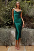 Elegant Satin Cowl Neck Sleeveless Midi Dress With Side Slit Spaghetti Straps Bridesmaids Dress