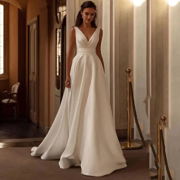 Customized Satin Wedding Dresses A Line V Neck Bride Gown Elegant Sleeveless Floor Length