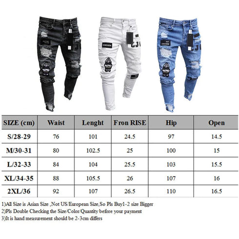 Embroidered Ripped Skinny Jeans for Men - Stretchy Denim Pants with Black Hole Design