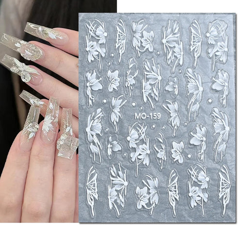 5D Embossed Nail Art Stickers - Semi-Transparent White Bowknots Adhesive Sliders for Creative Manicure Decorations and Nail Art Accessories