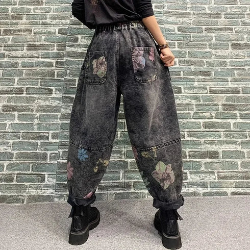 Harem Style Printed Jeans For Women Elastic Waist Denim Pants Casual Loose Relaxed Fit