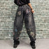 Harem Style Printed Jeans For Women Elastic Waist Denim Pants Casual Loose Relaxed Fit