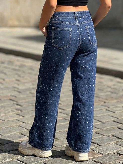 Baggy Dot Print Jeans For Women, Casual Wide Leg Denim Pants With Pockets, Low Rise Comfort Fit