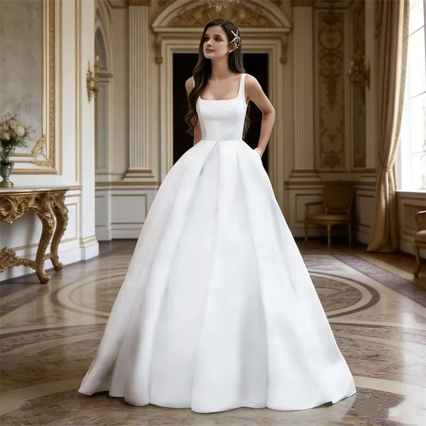 Backless Satin A-Line Wedding Dress With Spaghetti Strap And Pockets Bridal Gown