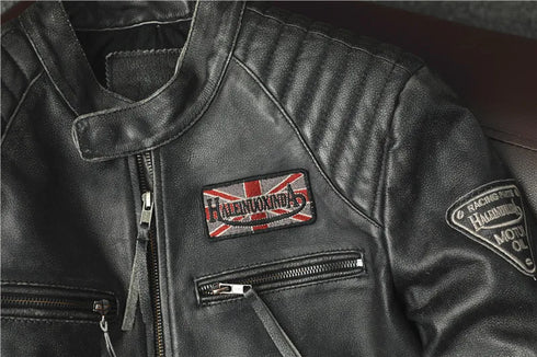 Vintage Genuine Leather Biker Jacket for Men – Slim Fit Cowhide Motorcycle Outerwear with Pockets and Embroidery Details for All Seasons