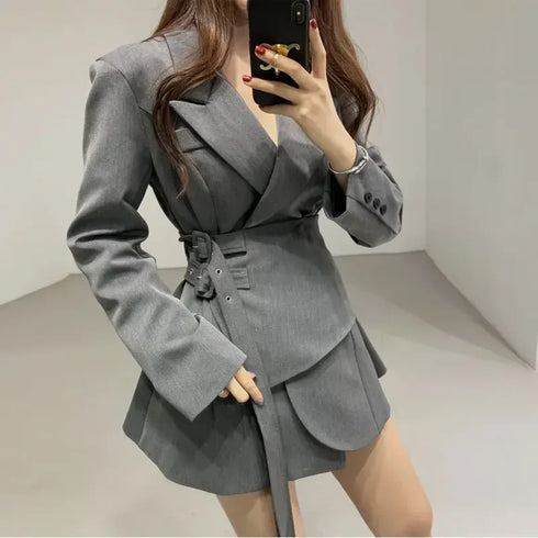 Premium Spring Double Belt Suit Coat for Women - Slimming A-Line Short Dress