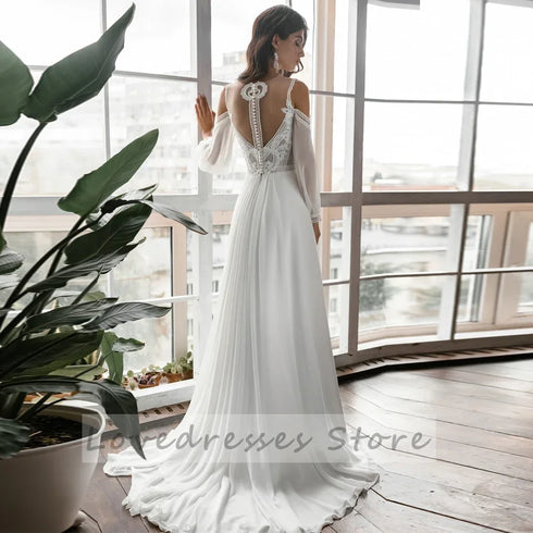 Customized Deep V Neck Straight Wedding Dresses Chiffon Gown