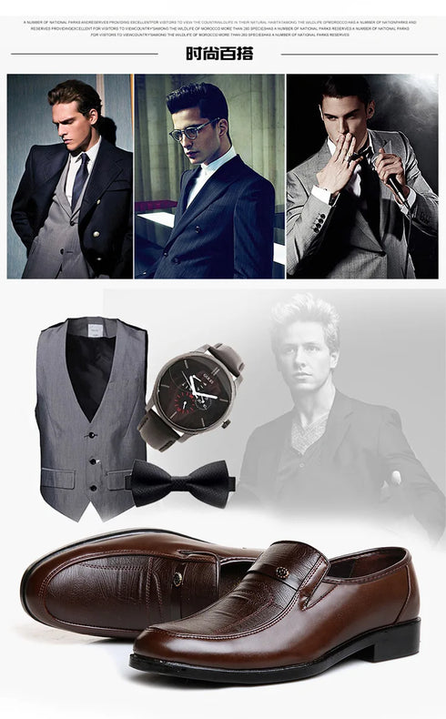 Stylish Men's Business Leather Dress Shoes for Office and Formal Occasions - Breathable Round Toe Slip-On Flats for Work, Parties, and Weddings