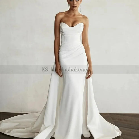 Chic White Satin Mermaid Wedding Dresses with Long Train