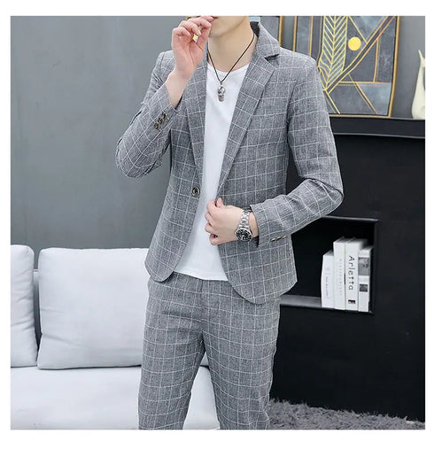 Korean Slim Fit Two-Piece Suit Set for Men Casual Trendy British Style Coat and Trousers