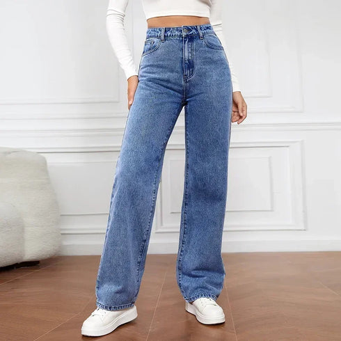 Denim Jeans Women Straight Pants High Waist Loose Basics Ankle Length Y2k Streetwear Slight Stretch