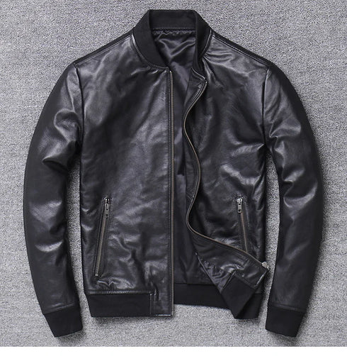 Stylish Casual Men's Bomber Jacket in Genuine Cowhide Leather - Perfect Spring and Autumn Outerwear with Full Sleeves and Zipper Closure