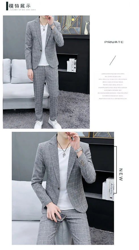 Korean Slim Fit Two-Piece Suit Set for Men Casual Trendy British Style Coat and Trousers