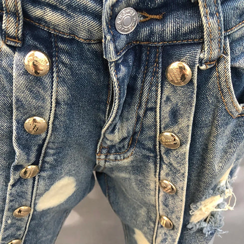 Stylish Ripped Patchwork Jeans for Men – Trendy Streetwear Motorcycle Pants with Elastic Comfort and Medium Wash Style