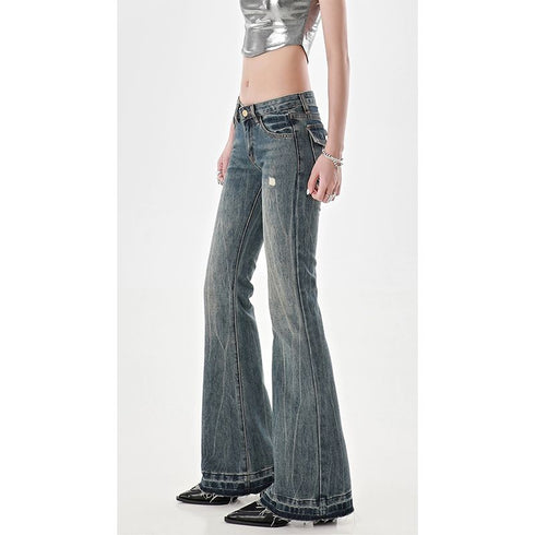 Vintage Y2K Inspired Low Waist Flare Jeans for Women - Perfect for Fall Outfits and High Street Style with Embroidery and Distressed Details