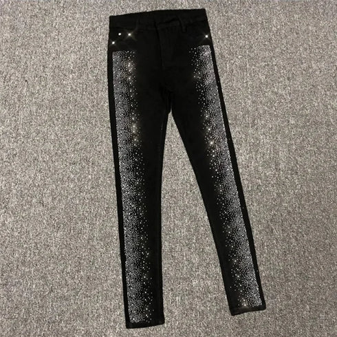 Fashion Rhinestone Jeans Female High Waist Slim Pencil Pants