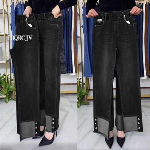 Elastic Waist Jeans For Women High Waist Wide Leg Denim Pants Loose Fit Casual Trousers