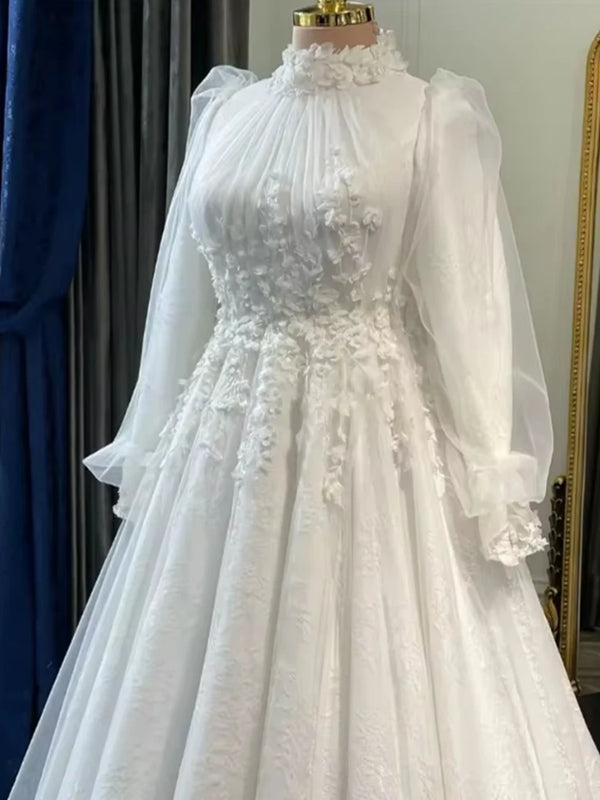 Arabic Muslim Wedding Dress Elegant High Neck Lace Long Sleeve Floral Appliques Bridal Gown Silhouette