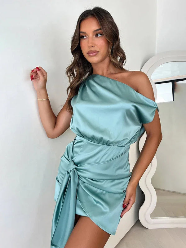 Folded Ribbon Off Shoulder Sexy Dress Women Elegant Party Dress Bodycon Mini Summer Dress