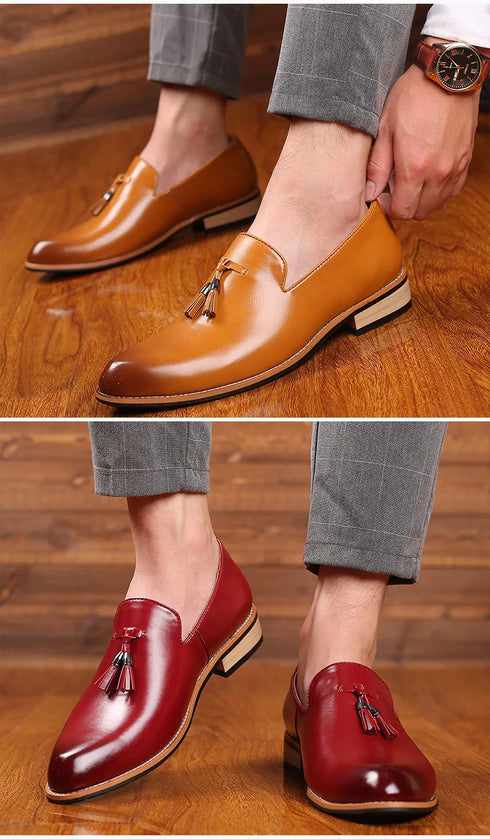 Elegant Pointed Toe Leather Oxfords for Men - Formal Office, Wedding, and Party Dress Shoes Featuring Comfortable Slip-On Design and Durable Rubber Outsole