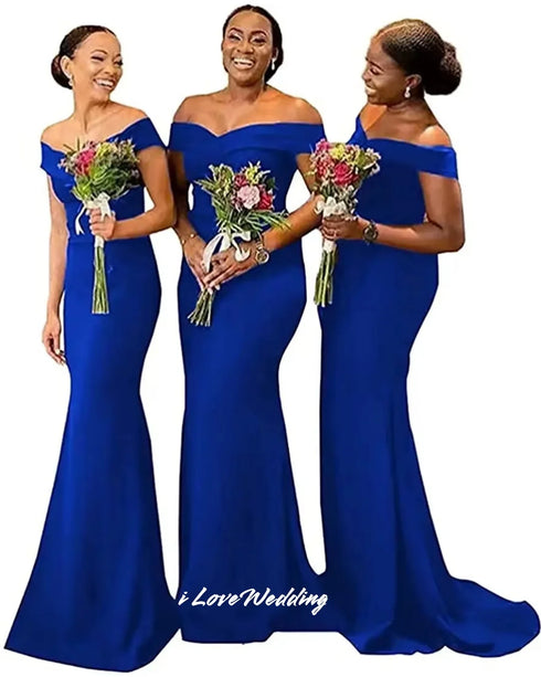 Off Shoulder Satin Mermaid Bridesmaid Dress With Ruched Detailing And Sweep Train