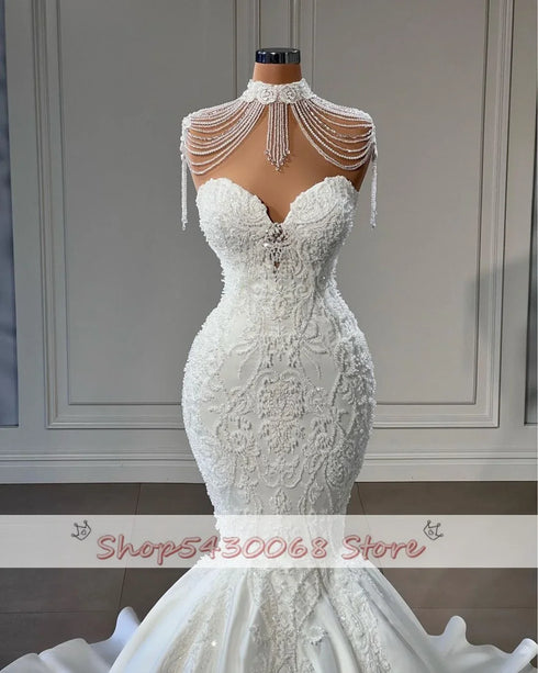 Princess Tassels Sheer Neck Mermaid Wedding Dress Gowns