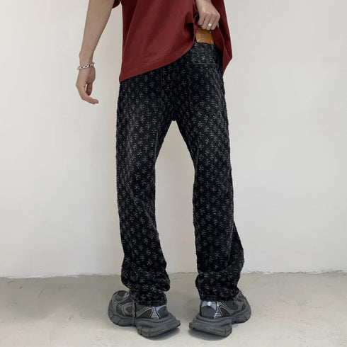 Black Men's Designer Jeans Straight Leg Baggy Denim Trousers