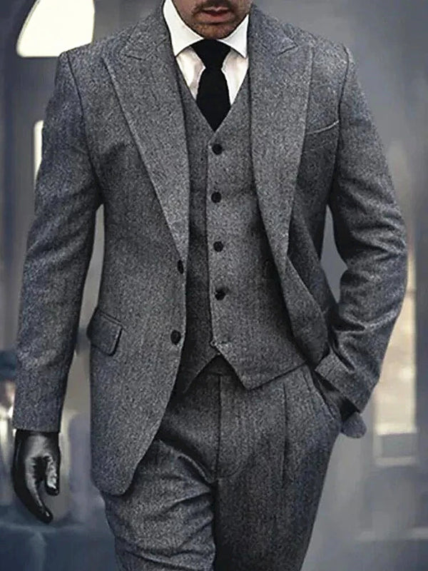 Men's Slim Fit Herringbone Suit Set - Formal 3 Piece Tweed Tuxedo for Weddings and Events