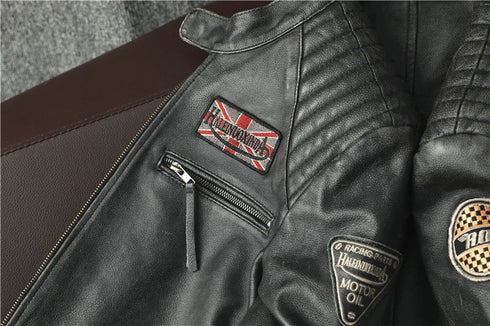 Vintage Genuine Leather Biker Jacket for Men – Slim Fit Cowhide Motorcycle Outerwear with Pockets and Embroidery Details for All Seasons