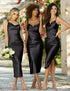 Elegant Satin Cowl Neck Sleeveless Midi Dress With Side Slit Spaghetti Straps Bridesmaids Dress