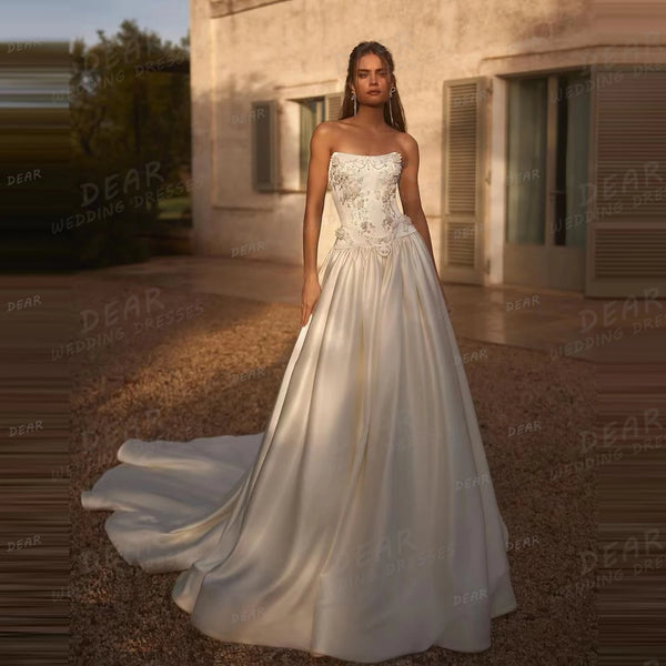Backless Lace Up Satin Wedding Dress Sleeveless Strapless Gown With Ruched Draped Details