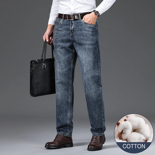Autumn Men's Washed Cotton Jeans Classic Business Casual Trousers