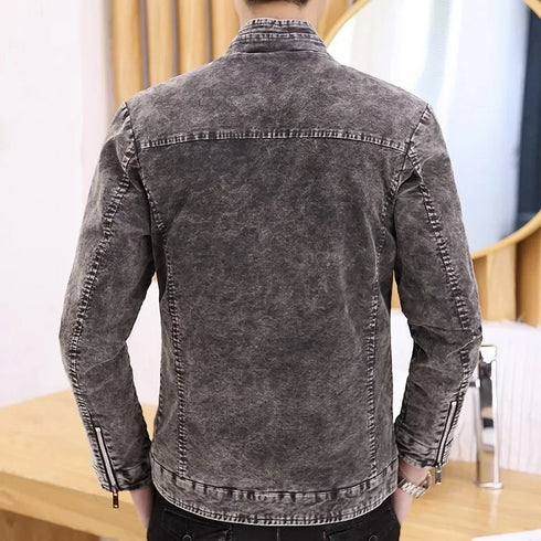 Men's Retro Motorcycle Denim Jacket with Stand Collar, Long Sleeve Zippered Casual Outerwear for Spring and Autumn Fashion