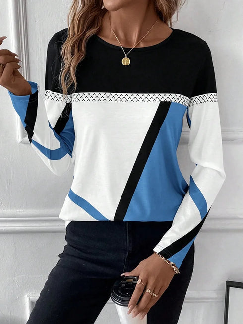 Casual Women's Geometric Print Long Sleeve T-Shirt Loose Fit O-Neck Tee