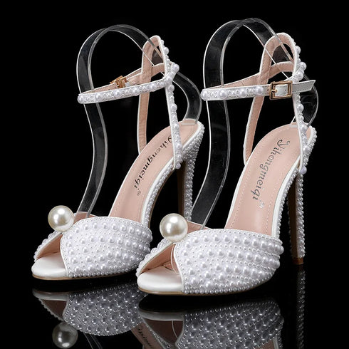 Elegant Women’s Gladiator Sandals with Luxury Pearls and Studs – Chic Peep Toe High Heels for Weddings and Special Occasions