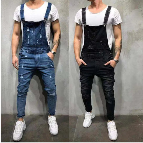 Fashionable Men's Ripped Denim Overalls - Trendy High Street Cargo Bib Jumpsuits for Hip Hop Style and Casual Outfits