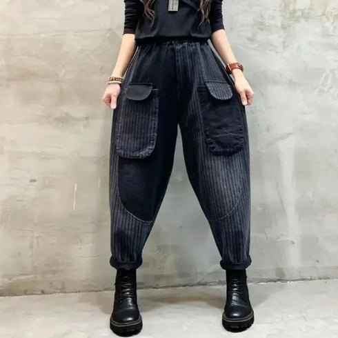 Harem Style Printed Jeans For Women Elastic Waist Denim Pants Casual Loose Relaxed Fit