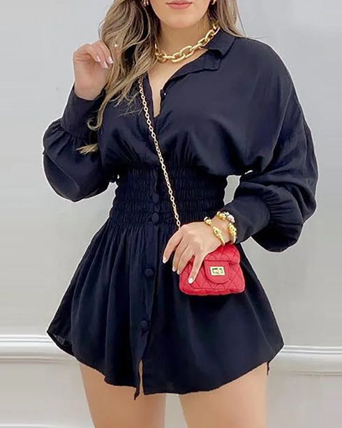 Fashion Women Casual Shirred Lantern Sleeve Buttoned Shirt Dress