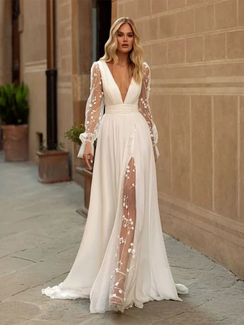 Sexy Wedding Dresses Deep V Neck Long Sleeves Bridal Gowns Backless Appliques A-Line Chiffon