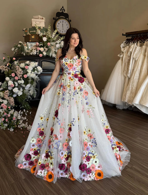 Floral Embroidered Three Dimensional Wedding Dress Off Shoulder A Line Tulle Bridal Gown For Dreamy Romance